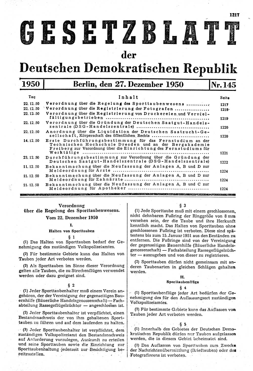 Gesetzblatt (GBl.) der Deutschen Demokratischen Republik (DDR) 1950, Seite 1217 (GBl. DDR 1950, S. 1217)