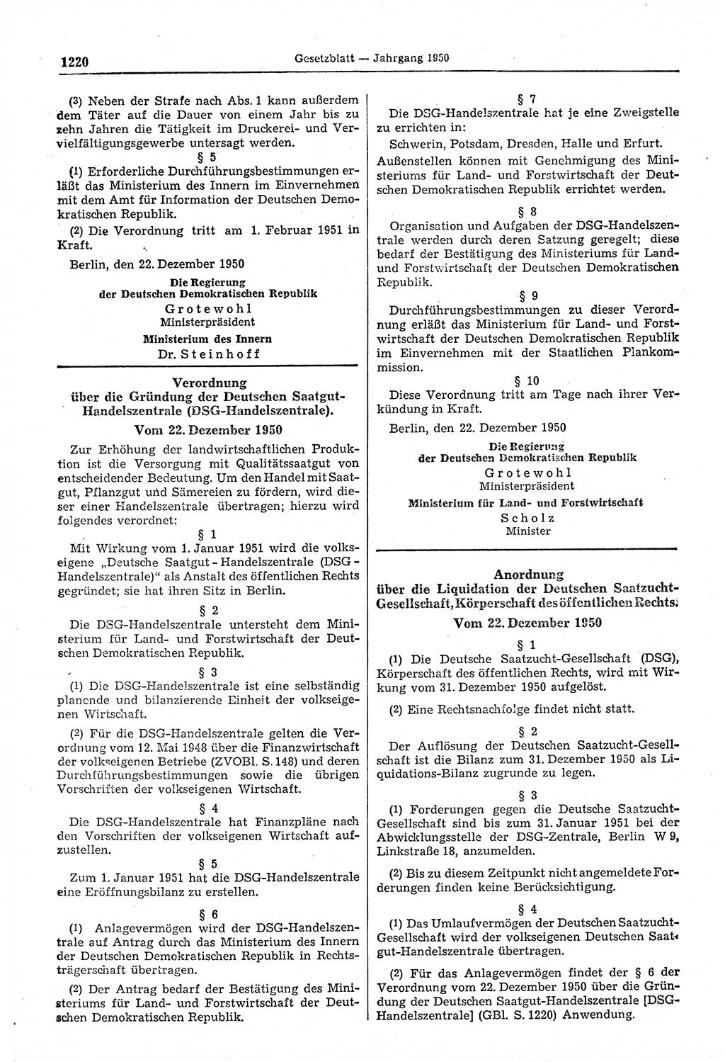 Gesetzblatt (GBl.) der Deutschen Demokratischen Republik (DDR) 1950, Seite 1220 (GBl. DDR 1950, S. 1220)