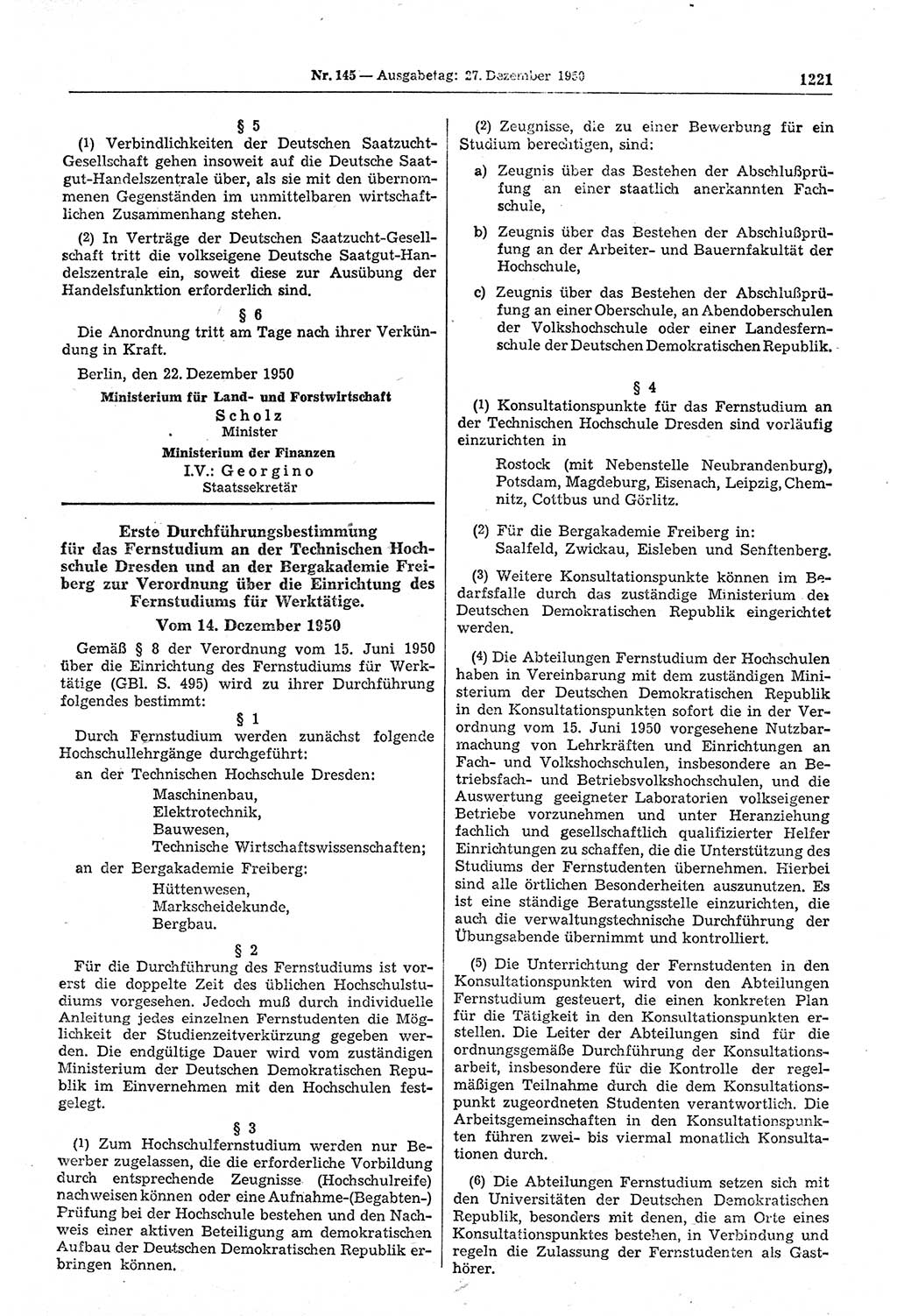 Gesetzblatt (GBl.) der Deutschen Demokratischen Republik (DDR) 1950, Seite 1221 (GBl. DDR 1950, S. 1221)