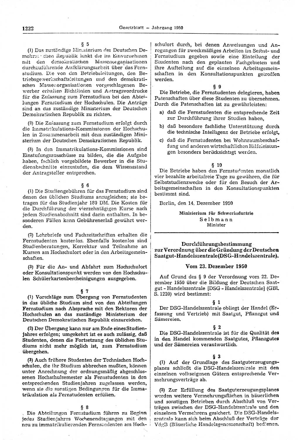 Gesetzblatt (GBl.) der Deutschen Demokratischen Republik (DDR) 1950, Seite 1222 (GBl. DDR 1950, S. 1222)
