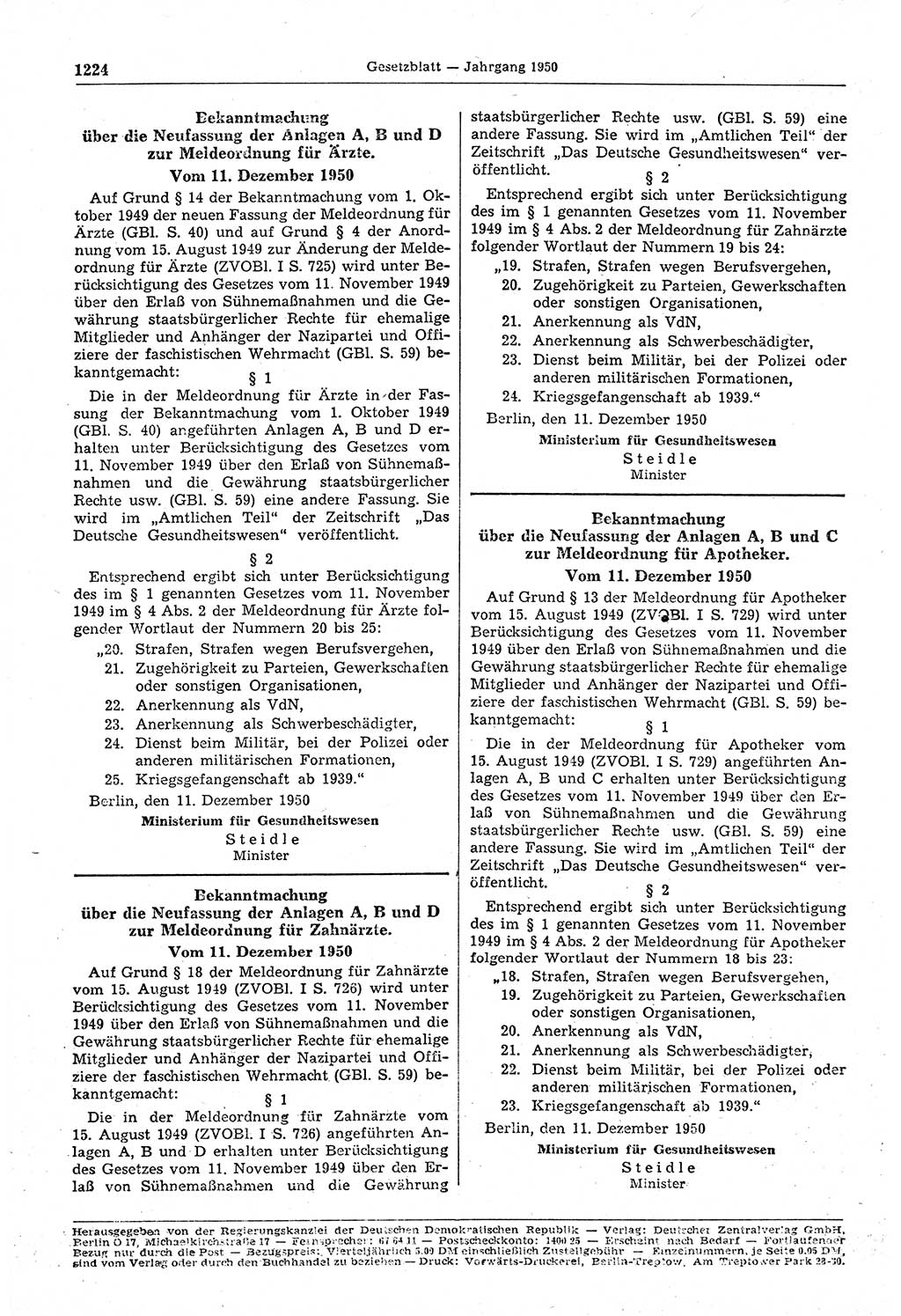 Gesetzblatt (GBl.) der Deutschen Demokratischen Republik (DDR) 1950, Seite 1224 (GBl. DDR 1950, S. 1224)