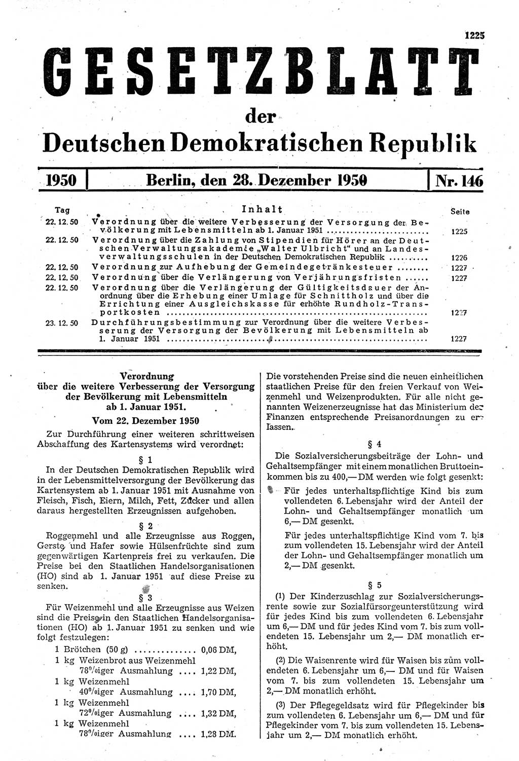 Gesetzblatt (GBl.) der Deutschen Demokratischen Republik (DDR) 1950, Seite 1225 (GBl. DDR 1950, S. 1225)