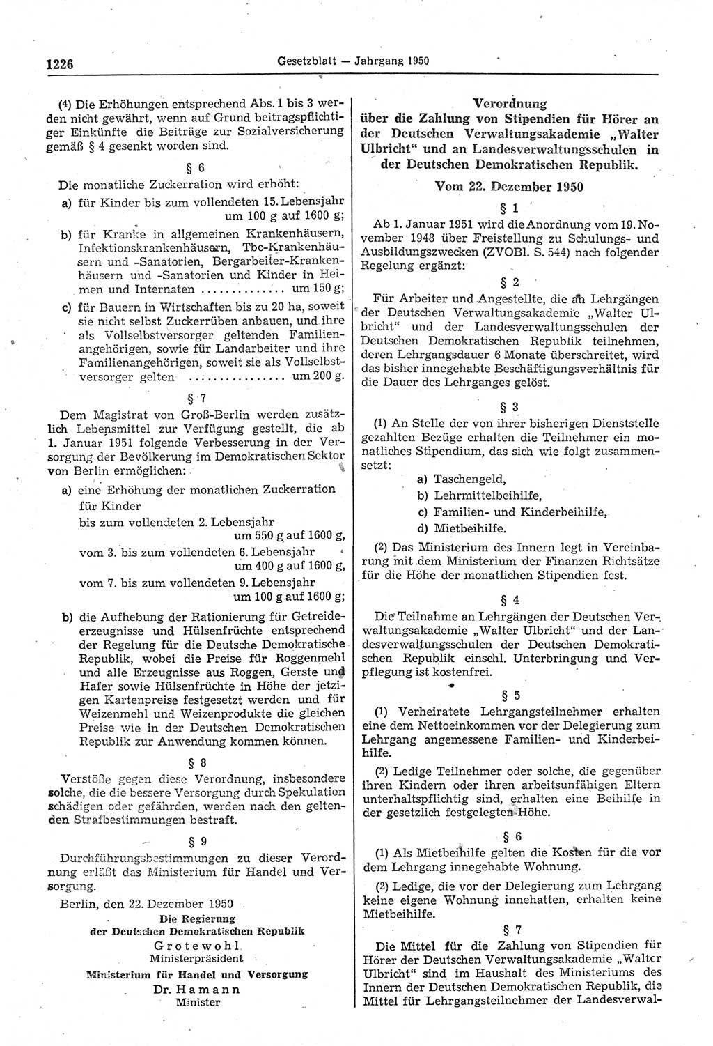 Gesetzblatt (GBl.) der Deutschen Demokratischen Republik (DDR) 1950, Seite 1226 (GBl. DDR 1950, S. 1226)