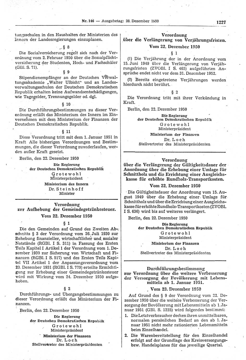 Gesetzblatt (GBl.) der Deutschen Demokratischen Republik (DDR) 1950, Seite 1227 (GBl. DDR 1950, S. 1227)