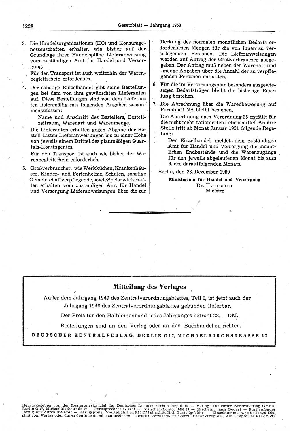 Gesetzblatt (GBl.) der Deutschen Demokratischen Republik (DDR) 1950, Seite 1228 (GBl. DDR 1950, S. 1228)