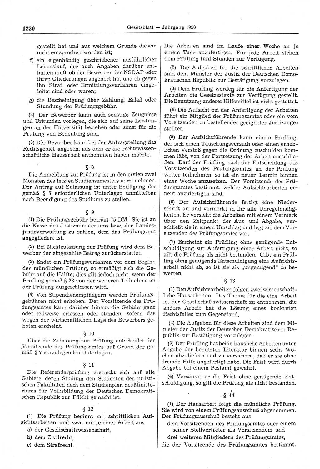 Gesetzblatt (GBl.) der Deutschen Demokratischen Republik (DDR) 1950, Seite 1230 (GBl. DDR 1950, S. 1230)
