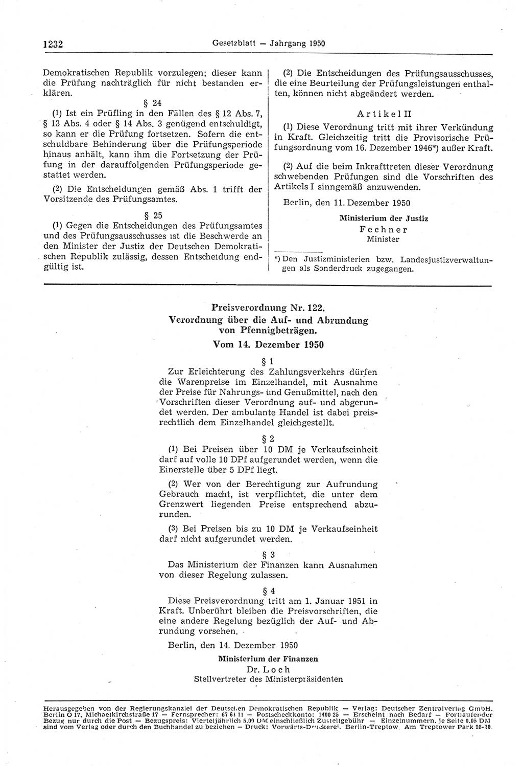Gesetzblatt (GBl.) der Deutschen Demokratischen Republik (DDR) 1950, Seite 1232 (GBl. DDR 1950, S. 1232)