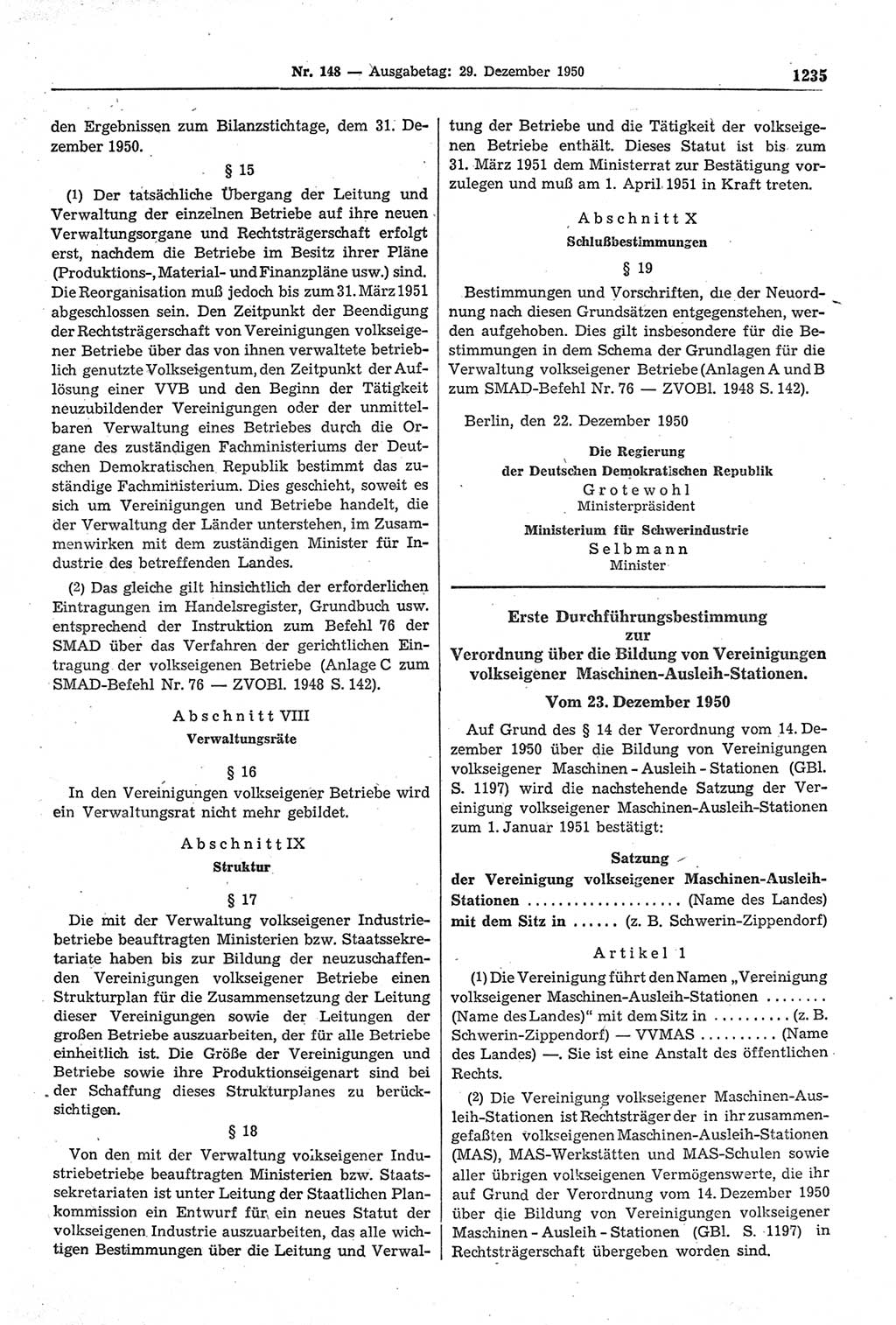 Gesetzblatt (GBl.) der Deutschen Demokratischen Republik (DDR) 1950, Seite 1235 (GBl. DDR 1950, S. 1235)