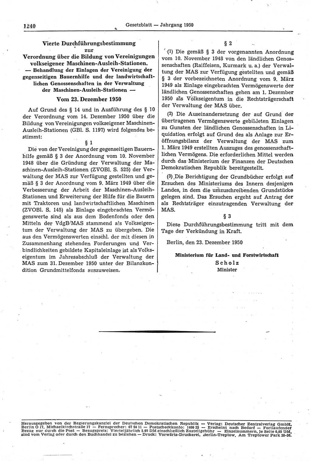 Gesetzblatt (GBl.) der Deutschen Demokratischen Republik (DDR) 1950, Seite 1240 (GBl. DDR 1950, S. 1240)