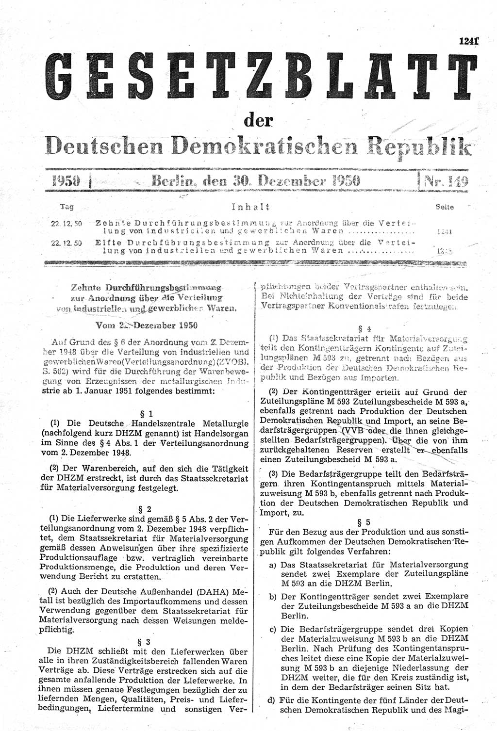 Gesetzblatt (GBl.) der Deutschen Demokratischen Republik (DDR) 1950, Seite 1241 (GBl. DDR 1950, S. 1241)