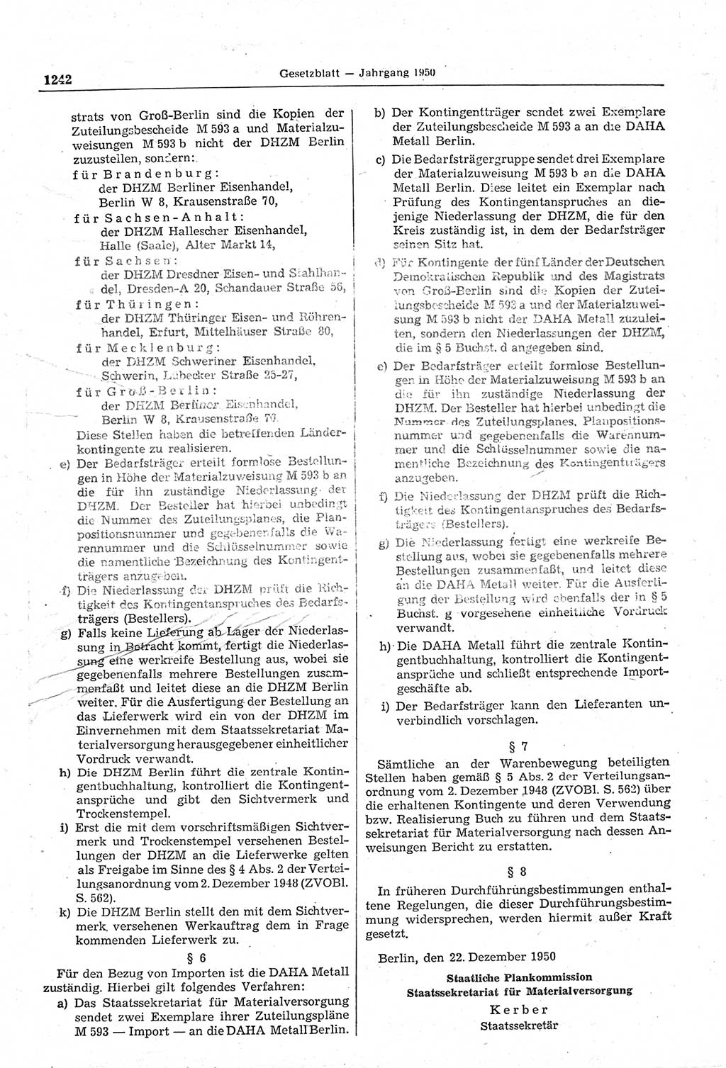 Gesetzblatt (GBl.) der Deutschen Demokratischen Republik (DDR) 1950, Seite 1242 (GBl. DDR 1950, S. 1242)