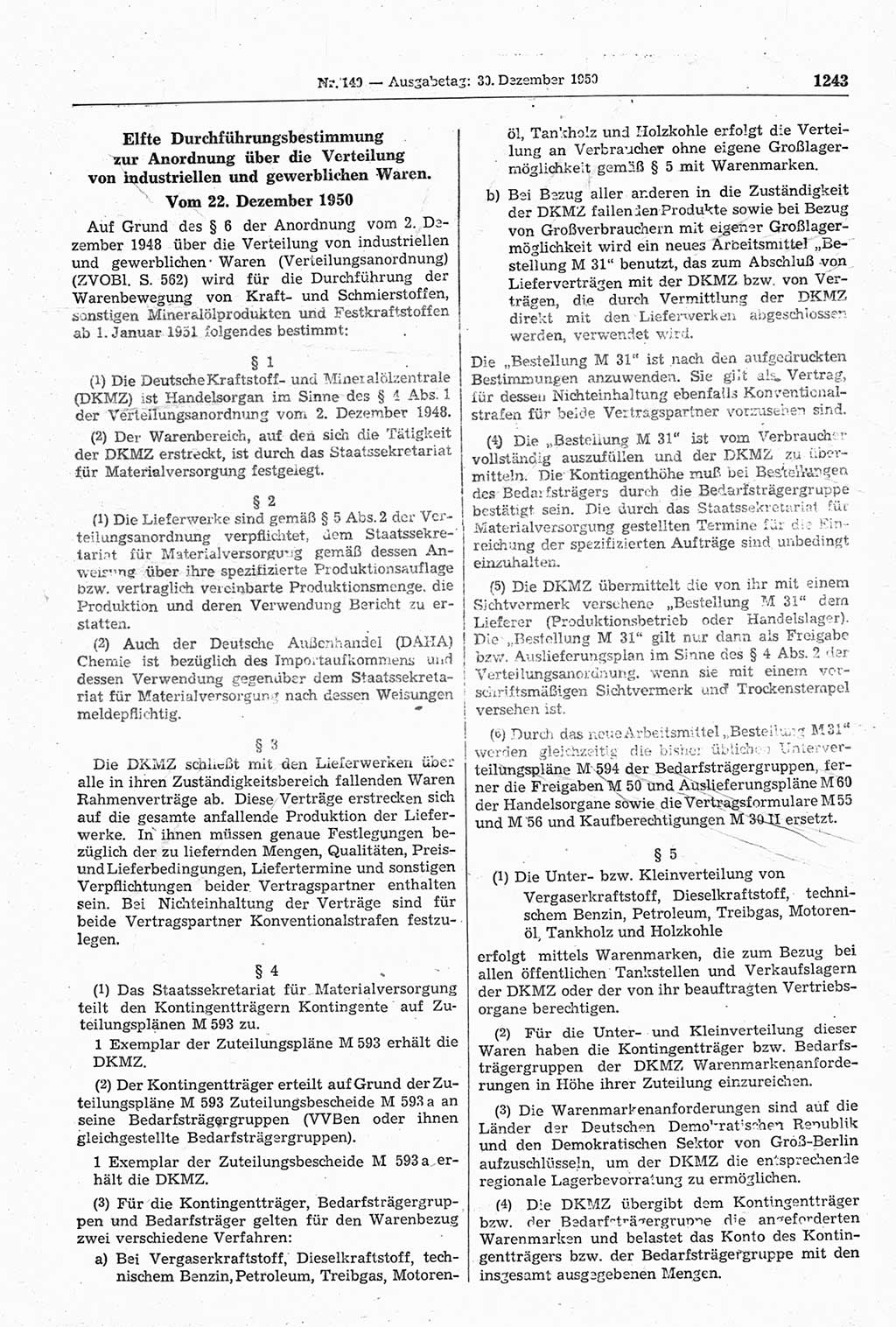 Gesetzblatt (GBl.) der Deutschen Demokratischen Republik (DDR) 1950, Seite 1243 (GBl. DDR 1950, S. 1243)