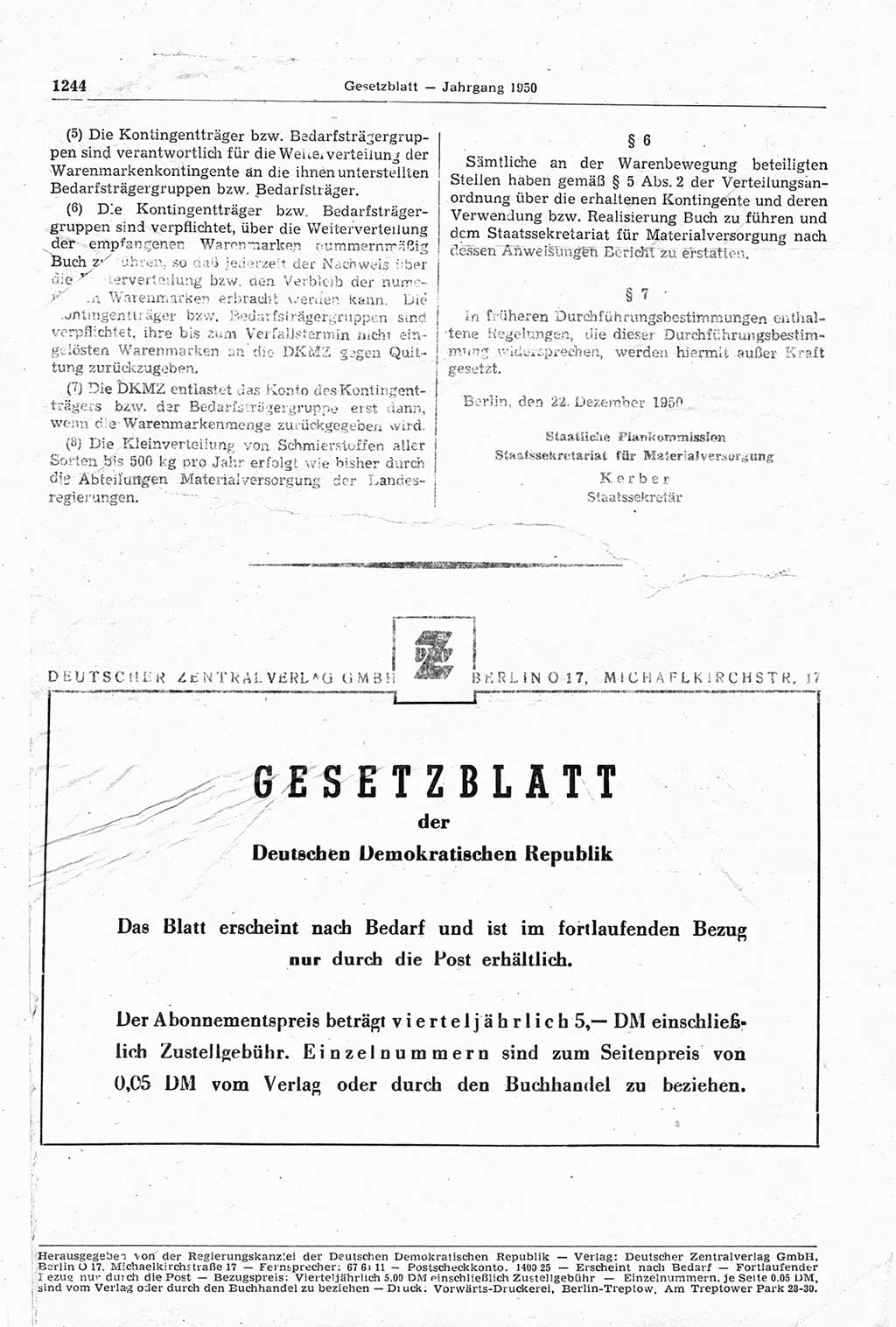 Gesetzblatt (GBl.) der Deutschen Demokratischen Republik (DDR) 1950, Seite 1244 (GBl. DDR 1950, S. 1244)