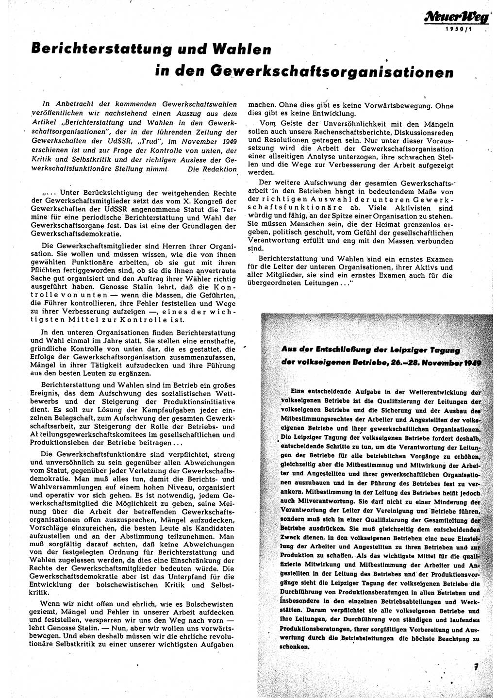 Neuer Weg (NW), Halbmonatsschrift für aktuelle Fragen der Arbeiterbewegung [Zentralkomitee (ZK) Sozialistische Einheitspartei Deutschlands (SED)], 5. Jahrgang [Deutsche Demokratische Republik (DDR)] 1950, Heft 1/7 (NW ZK SED DDR 1950, H. 1/7)
