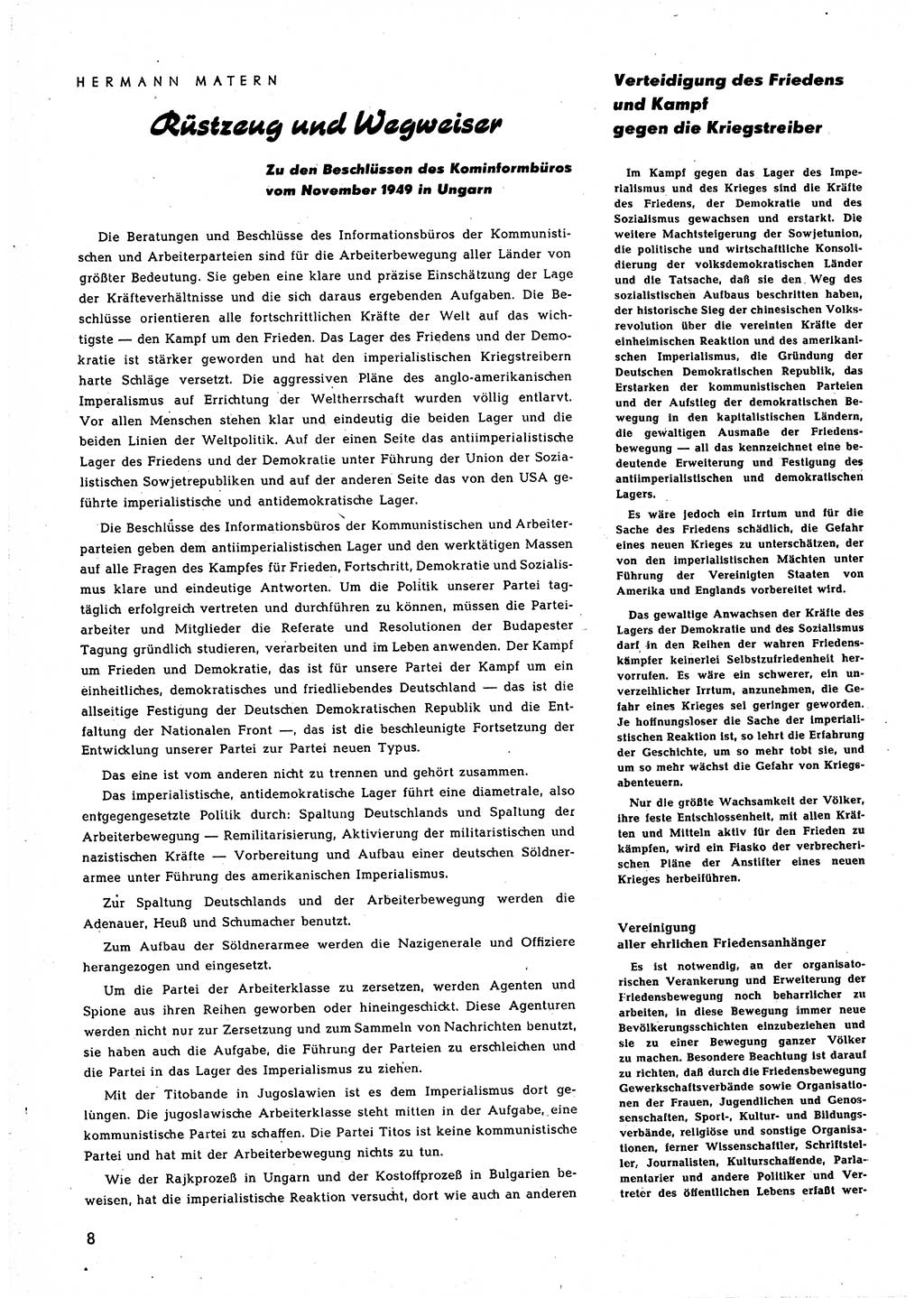 Neuer Weg (NW), Halbmonatsschrift für aktuelle Fragen der Arbeiterbewegung [Zentralkomitee (ZK) Sozialistische Einheitspartei Deutschlands (SED)], 5. Jahrgang [Deutsche Demokratische Republik (DDR)] 1950, Heft 1/8 (NW ZK SED DDR 1950, H. 1/8)