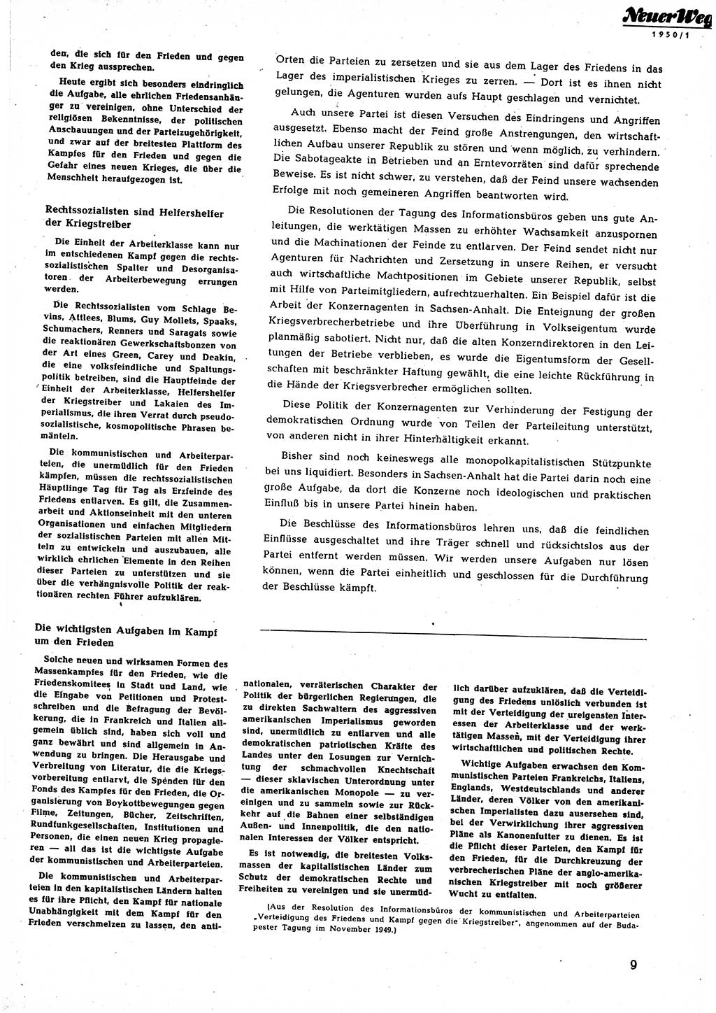 Neuer Weg (NW), Halbmonatsschrift für aktuelle Fragen der Arbeiterbewegung [Zentralkomitee (ZK) Sozialistische Einheitspartei Deutschlands (SED)], 5. Jahrgang [Deutsche Demokratische Republik (DDR)] 1950, Heft 1/9 (NW ZK SED DDR 1950, H. 1/9)