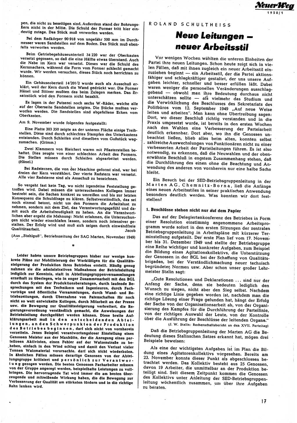 Neuer Weg (NW), Halbmonatsschrift für aktuelle Fragen der Arbeiterbewegung [Zentralkomitee (ZK) Sozialistische Einheitspartei Deutschlands (SED)], 5. Jahrgang [Deutsche Demokratische Republik (DDR)] 1950, Heft 1/17 (NW ZK SED DDR 1950, H. 1/17)