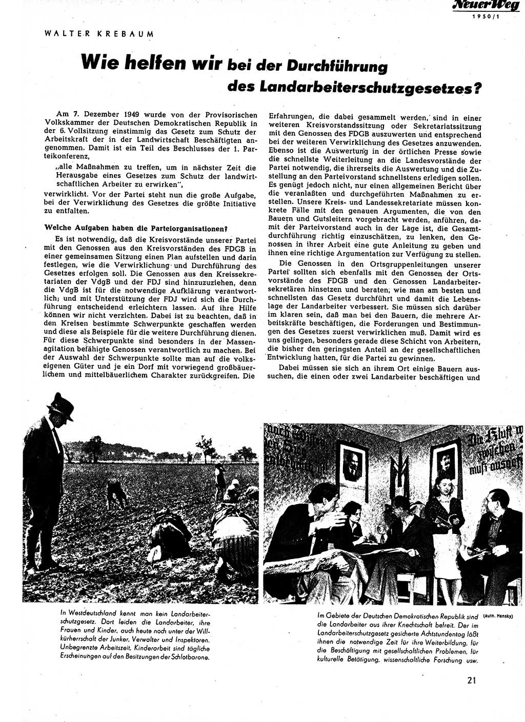 Neuer Weg (NW), Halbmonatsschrift für aktuelle Fragen der Arbeiterbewegung [Zentralkomitee (ZK) Sozialistische Einheitspartei Deutschlands (SED)], 5. Jahrgang [Deutsche Demokratische Republik (DDR)] 1950, Heft 1/21 (NW ZK SED DDR 1950, H. 1/21)