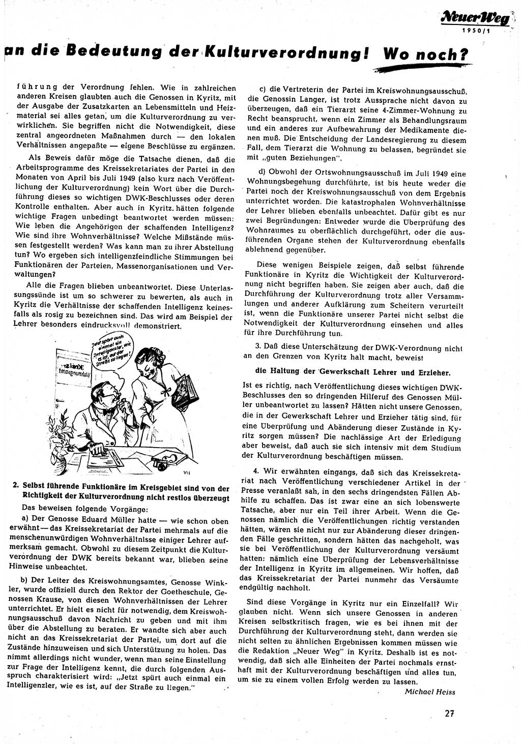 Neuer Weg (NW), Halbmonatsschrift für aktuelle Fragen der Arbeiterbewegung [Zentralkomitee (ZK) Sozialistische Einheitspartei Deutschlands (SED)], 5. Jahrgang [Deutsche Demokratische Republik (DDR)] 1950, Heft 1/27 (NW ZK SED DDR 1950, H. 1/27)