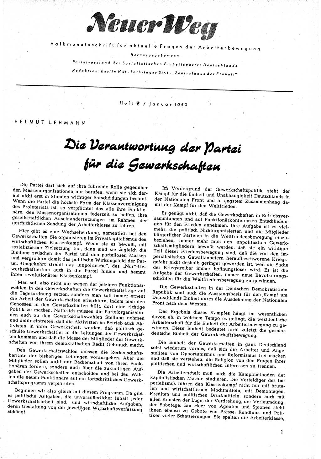 Neuer Weg (NW), Halbmonatsschrift für aktuelle Fragen der Arbeiterbewegung [Zentralkomitee (ZK) Sozialistische Einheitspartei Deutschlands (SED)], 5. Jahrgang [Deutsche Demokratische Republik (DDR)] 1950, Heft 2/1 (NW ZK SED DDR 1950, H. 2/1)