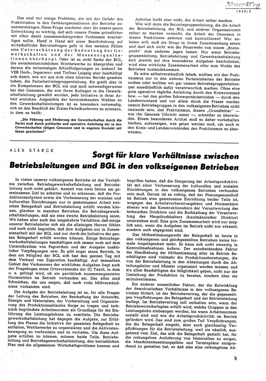 Neuer Weg (NW), Halbmonatsschrift für aktuelle Fragen der Arbeiterbewegung [Zentralkomitee (ZK) Sozialistische Einheitspartei Deutschlands (SED)], 5. Jahrgang [Deutsche Demokratische Republik (DDR)] 1950, Heft 2/5 (NW ZK SED DDR 1950, H. 2/5)