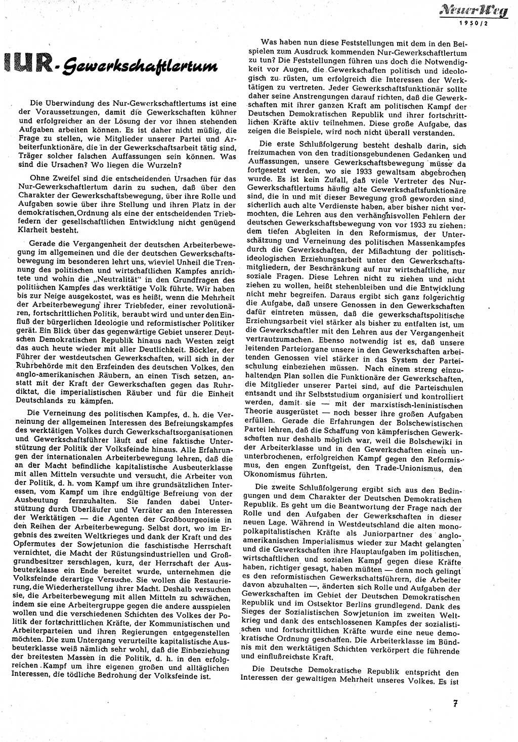 Neuer Weg (NW), Halbmonatsschrift für aktuelle Fragen der Arbeiterbewegung [Zentralkomitee (ZK) Sozialistische Einheitspartei Deutschlands (SED)], 5. Jahrgang [Deutsche Demokratische Republik (DDR)] 1950, Heft 2/7 (NW ZK SED DDR 1950, H. 2/7)