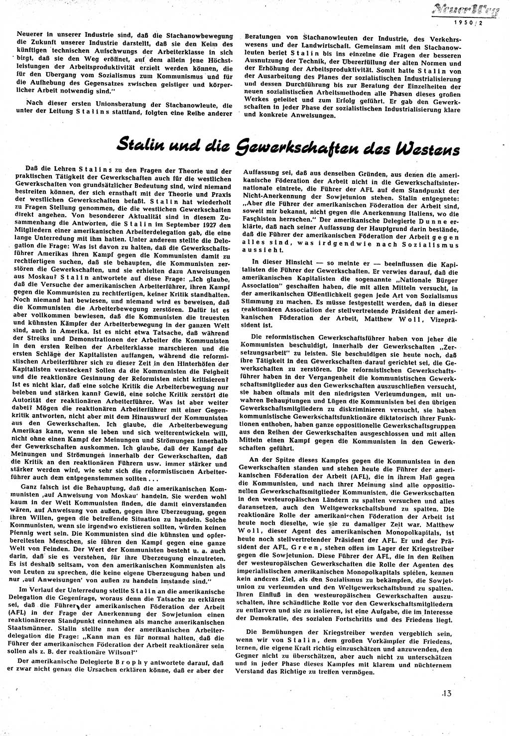 Neuer Weg (NW), Halbmonatsschrift für aktuelle Fragen der Arbeiterbewegung [Zentralkomitee (ZK) Sozialistische Einheitspartei Deutschlands (SED)], 5. Jahrgang [Deutsche Demokratische Republik (DDR)] 1950, Heft 2/13 (NW ZK SED DDR 1950, H. 2/13)