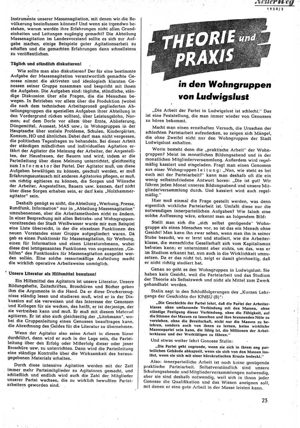 Neuer Weg (NW), Halbmonatsschrift für aktuelle Fragen der Arbeiterbewegung [Zentralkomitee (ZK) Sozialistische Einheitspartei Deutschlands (SED)], 5. Jahrgang [Deutsche Demokratische Republik (DDR)] 1950, Heft 2/23 (NW ZK SED DDR 1950, H. 2/23)