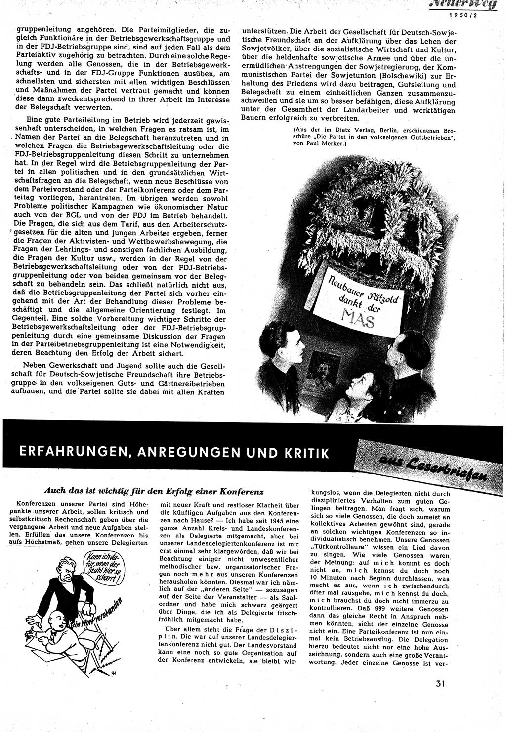 Neuer Weg (NW), Halbmonatsschrift für aktuelle Fragen der Arbeiterbewegung [Zentralkomitee (ZK) Sozialistische Einheitspartei Deutschlands (SED)], 5. Jahrgang [Deutsche Demokratische Republik (DDR)] 1950, Heft 2/31 (NW ZK SED DDR 1950, H. 2/31)