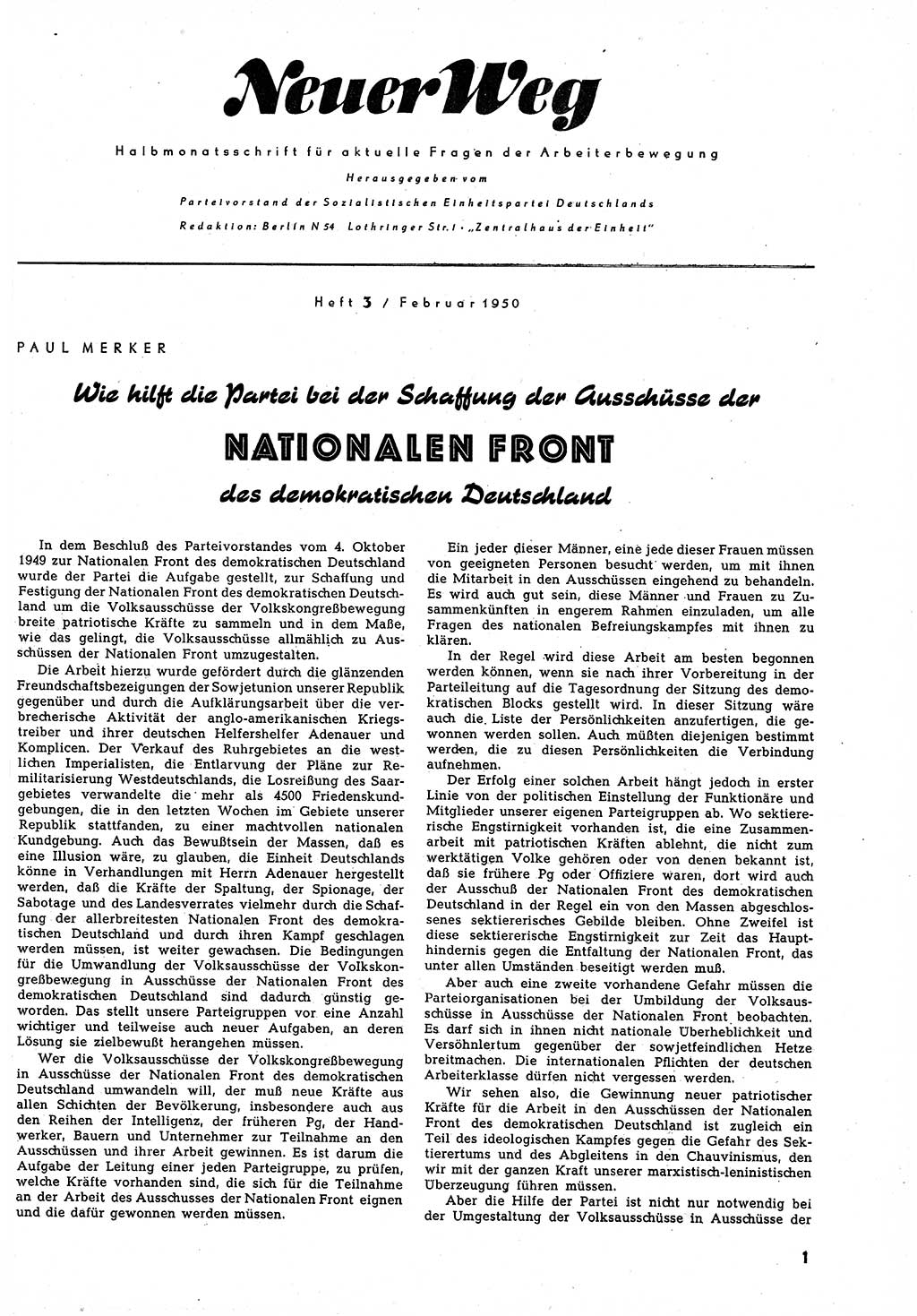 Neuer Weg (NW), Halbmonatsschrift für aktuelle Fragen der Arbeiterbewegung [Zentralkomitee (ZK) Sozialistische Einheitspartei Deutschlands (SED)], 5. Jahrgang [Deutsche Demokratische Republik (DDR)] 1950, Heft 3/1 (NW ZK SED DDR 1950, H. 3/1)