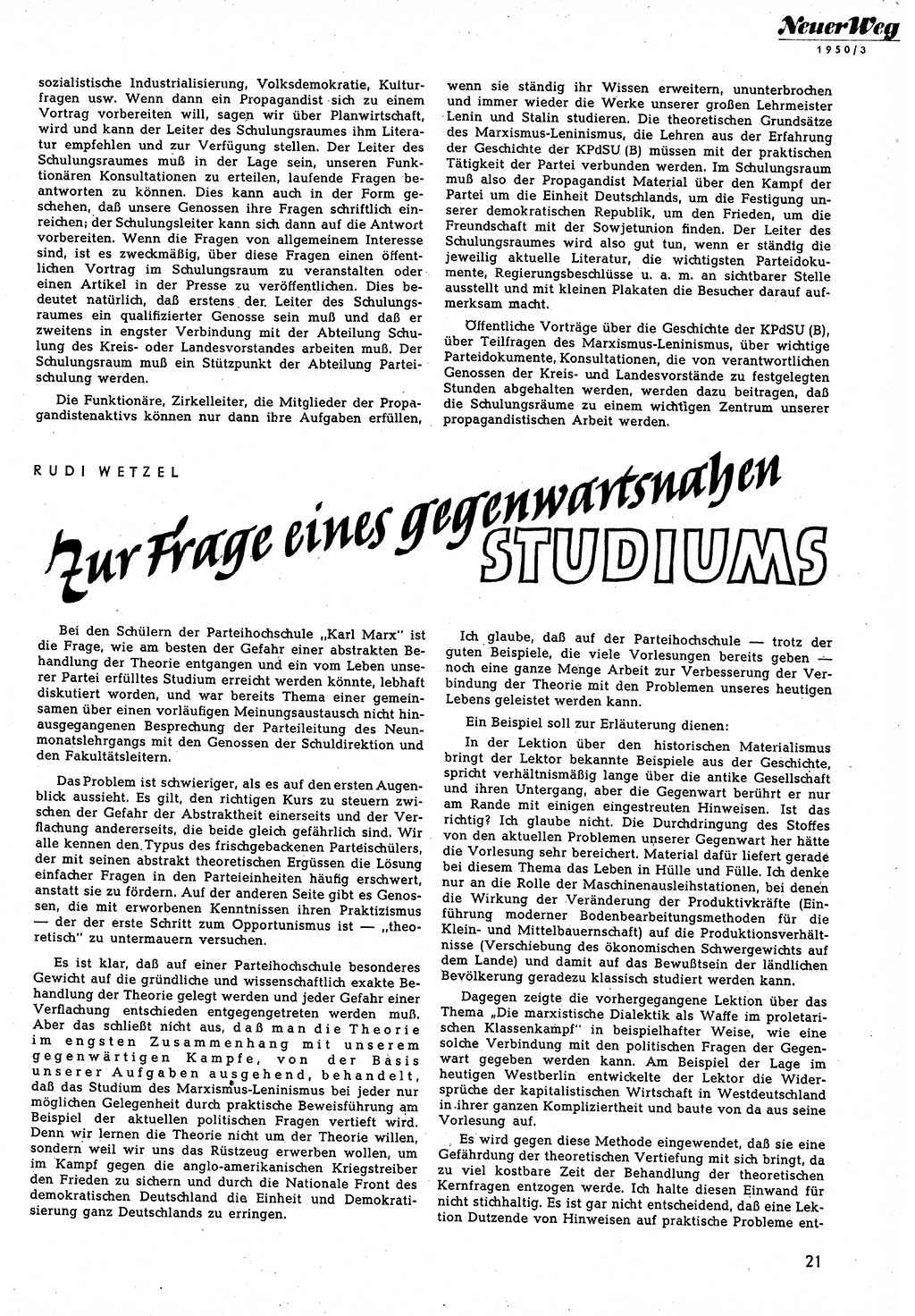 Neuer Weg (NW), Halbmonatsschrift für aktuelle Fragen der Arbeiterbewegung [Zentralkomitee (ZK) Sozialistische Einheitspartei Deutschlands (SED)], 5. Jahrgang [Deutsche Demokratische Republik (DDR)] 1950, Heft 3/21 (NW ZK SED DDR 1950, H. 3/21)