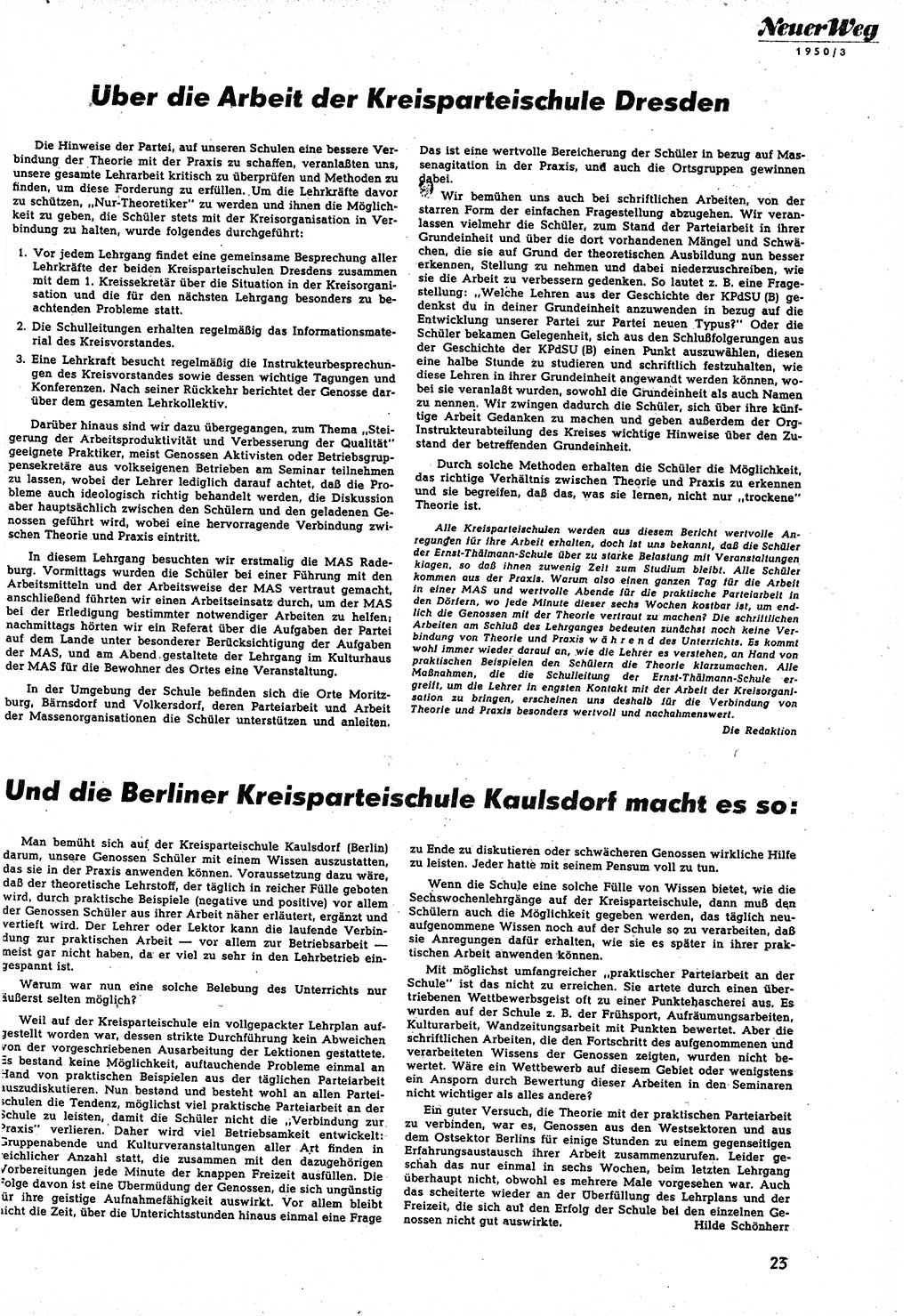 Neuer Weg (NW), Halbmonatsschrift für aktuelle Fragen der Arbeiterbewegung [Zentralkomitee (ZK) Sozialistische Einheitspartei Deutschlands (SED)], 5. Jahrgang [Deutsche Demokratische Republik (DDR)] 1950, Heft 3/23 (NW ZK SED DDR 1950, H. 3/23)