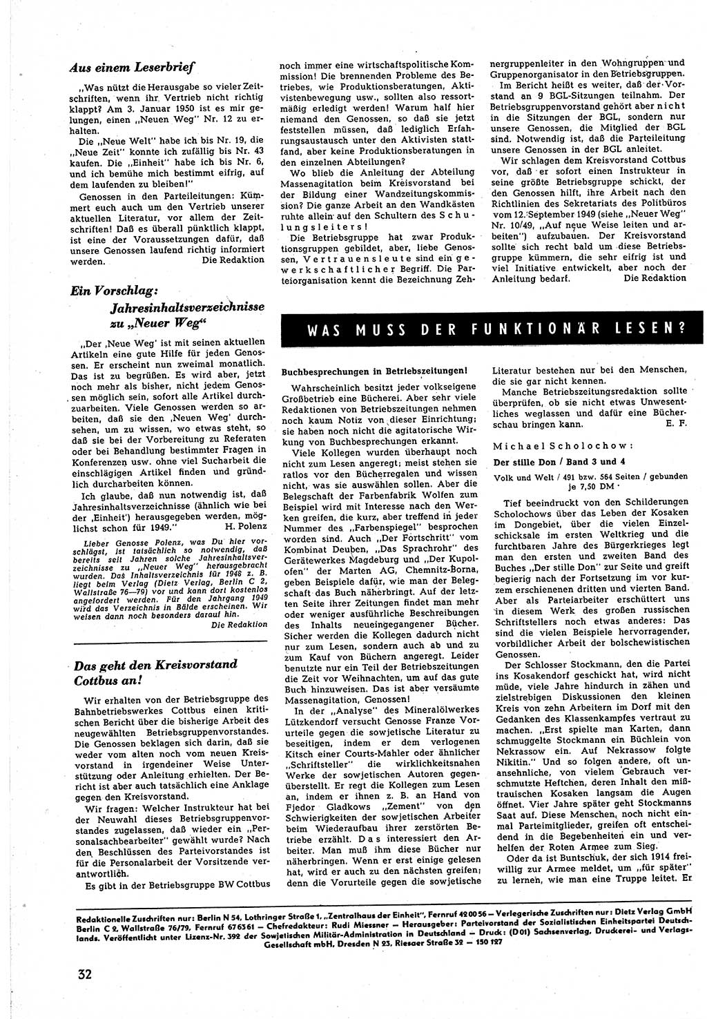 Neuer Weg (NW), Halbmonatsschrift für aktuelle Fragen der Arbeiterbewegung [Zentralkomitee (ZK) Sozialistische Einheitspartei Deutschlands (SED)], 5. Jahrgang [Deutsche Demokratische Republik (DDR)] 1950, Heft 3/32 (NW ZK SED DDR 1950, H. 3/32)