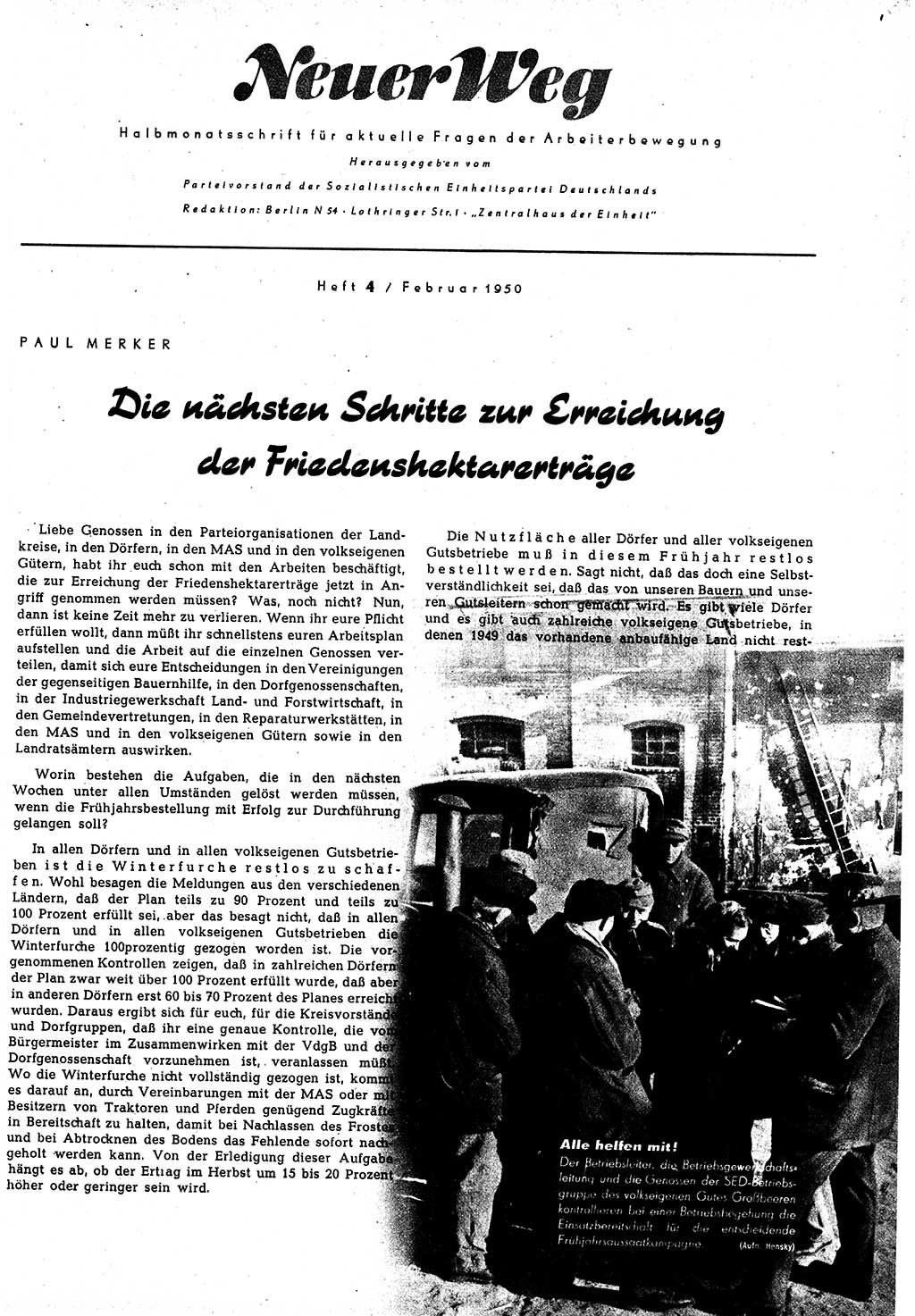Neuer Weg (NW), Halbmonatsschrift für aktuelle Fragen der Arbeiterbewegung [Zentralkomitee (ZK) Sozialistische Einheitspartei Deutschlands (SED)], 5. Jahrgang [Deutsche Demokratische Republik (DDR)] 1950, Heft 4/1 (NW ZK SED DDR 1950, H. 4/1)