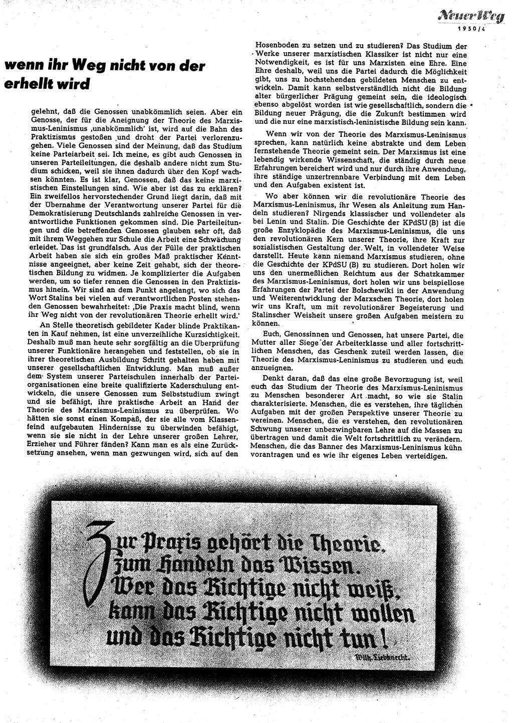 Neuer Weg (NW), Halbmonatsschrift für aktuelle Fragen der Arbeiterbewegung [Zentralkomitee (ZK) Sozialistische Einheitspartei Deutschlands (SED)], 5. Jahrgang [Deutsche Demokratische Republik (DDR)] 1950, Heft 4/21 (NW ZK SED DDR 1950, H. 4/21)