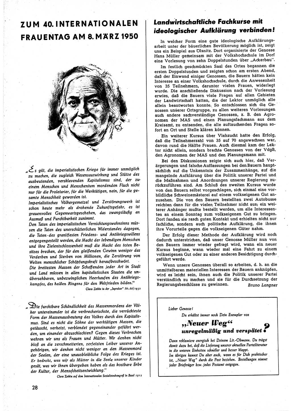 Neuer Weg (NW), Halbmonatsschrift für aktuelle Fragen der Arbeiterbewegung [Zentralkomitee (ZK) Sozialistische Einheitspartei Deutschlands (SED)], 5. Jahrgang [Deutsche Demokratische Republik (DDR)] 1950, Heft 4/28 (NW ZK SED DDR 1950, H. 4/28)