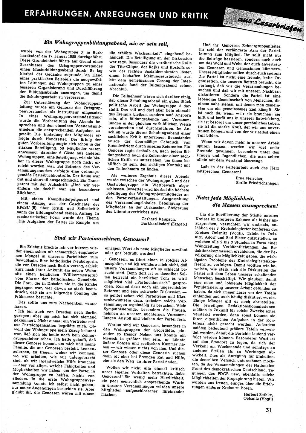 Neuer Weg (NW), Halbmonatsschrift für aktuelle Fragen der Arbeiterbewegung [Zentralkomitee (ZK) Sozialistische Einheitspartei Deutschlands (SED)], 5. Jahrgang [Deutsche Demokratische Republik (DDR)] 1950, Heft 4/31 (NW ZK SED DDR 1950, H. 4/31)