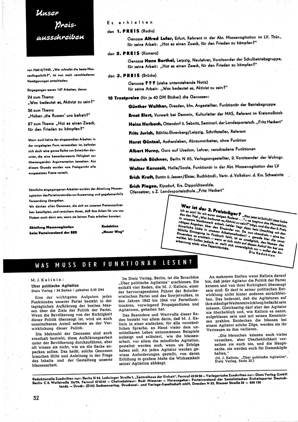 Neuer Weg (NW), Halbmonatsschrift für aktuelle Fragen der Arbeiterbewegung [Zentralkomitee (ZK) Sozialistische Einheitspartei Deutschlands (SED)], 5. Jahrgang [Deutsche Demokratische Republik (DDR)] 1950, Heft 4/32 (NW ZK SED DDR 1950, H. 4/32)