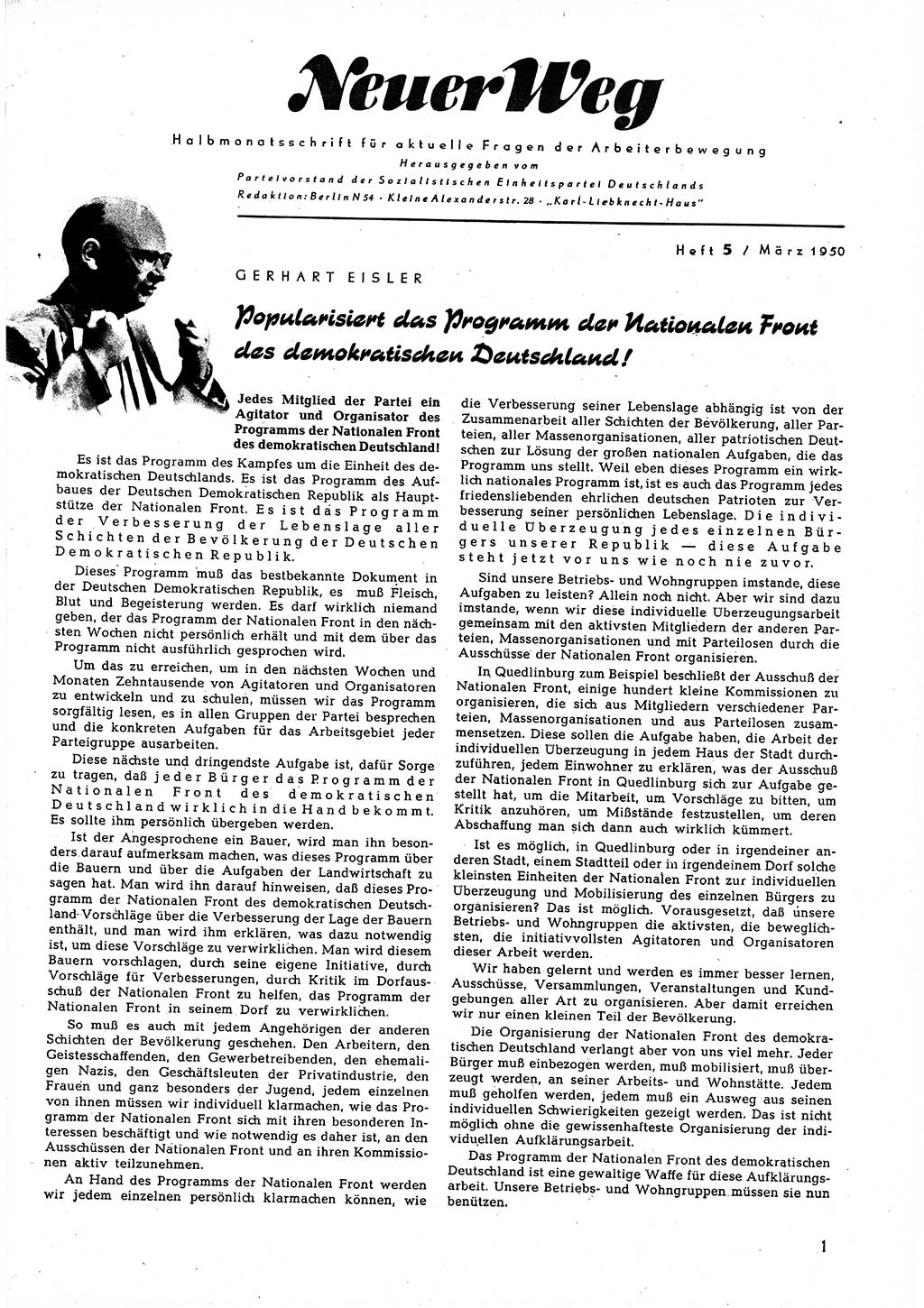 Neuer Weg (NW), Halbmonatsschrift für aktuelle Fragen der Arbeiterbewegung [Zentralkomitee (ZK) Sozialistische Einheitspartei Deutschlands (SED)], 5. Jahrgang [Deutsche Demokratische Republik (DDR)] 1950, Heft 5/1 (NW ZK SED DDR 1950, H. 5/1)
