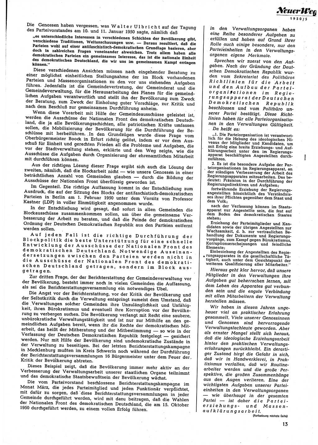 Neuer Weg (NW), Halbmonatsschrift für aktuelle Fragen der Arbeiterbewegung [Zentralkomitee (ZK) Sozialistische Einheitspartei Deutschlands (SED)], 5. Jahrgang [Deutsche Demokratische Republik (DDR)] 1950, Heft 5/13 (NW ZK SED DDR 1950, H. 5/13)