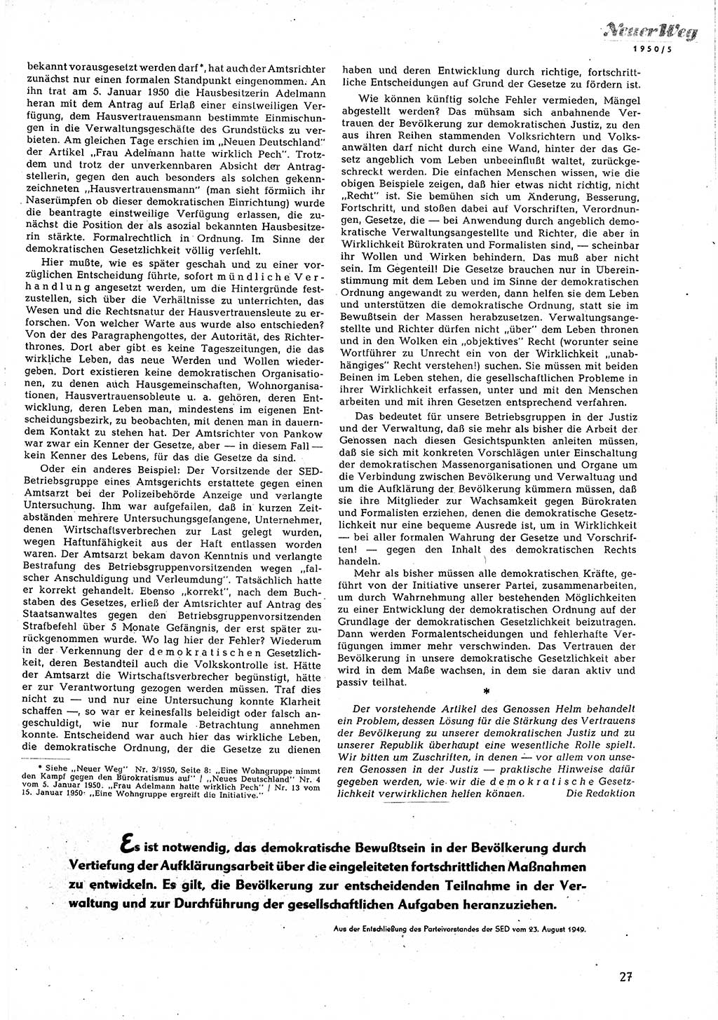 Neuer Weg (NW), Halbmonatsschrift für aktuelle Fragen der Arbeiterbewegung [Zentralkomitee (ZK) Sozialistische Einheitspartei Deutschlands (SED)], 5. Jahrgang [Deutsche Demokratische Republik (DDR)] 1950, Heft 5/27 (NW ZK SED DDR 1950, H. 5/27)