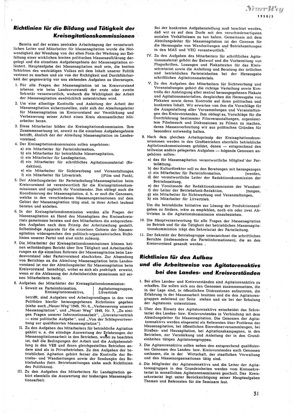 Neuer Weg (NW), Halbmonatsschrift für aktuelle Fragen der Arbeiterbewegung [Zentralkomitee (ZK) Sozialistische Einheitspartei Deutschlands (SED)], 5. Jahrgang [Deutsche Demokratische Republik (DDR)] 1950, Heft 5/31 (NW ZK SED DDR 1950, H. 5/31)