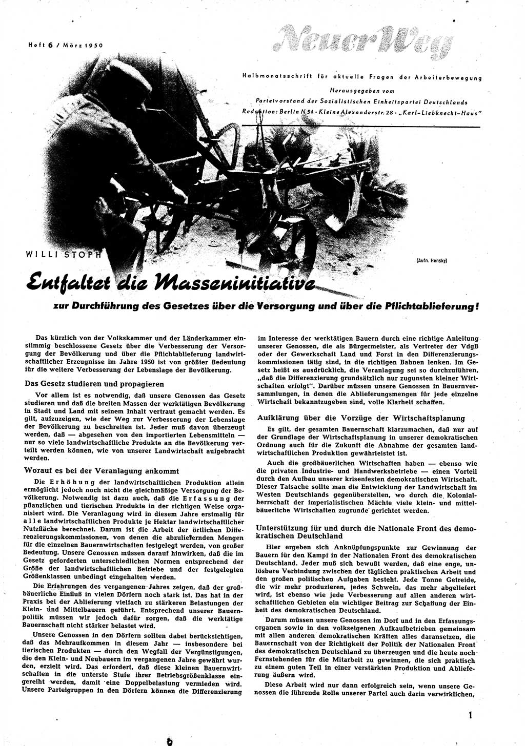Neuer Weg (NW), Halbmonatsschrift für aktuelle Fragen der Arbeiterbewegung [Zentralkomitee (ZK) Sozialistische Einheitspartei Deutschlands (SED)], 5. Jahrgang [Deutsche Demokratische Republik (DDR)] 1950, Heft 6/1 (NW ZK SED DDR 1950, H. 6/1)