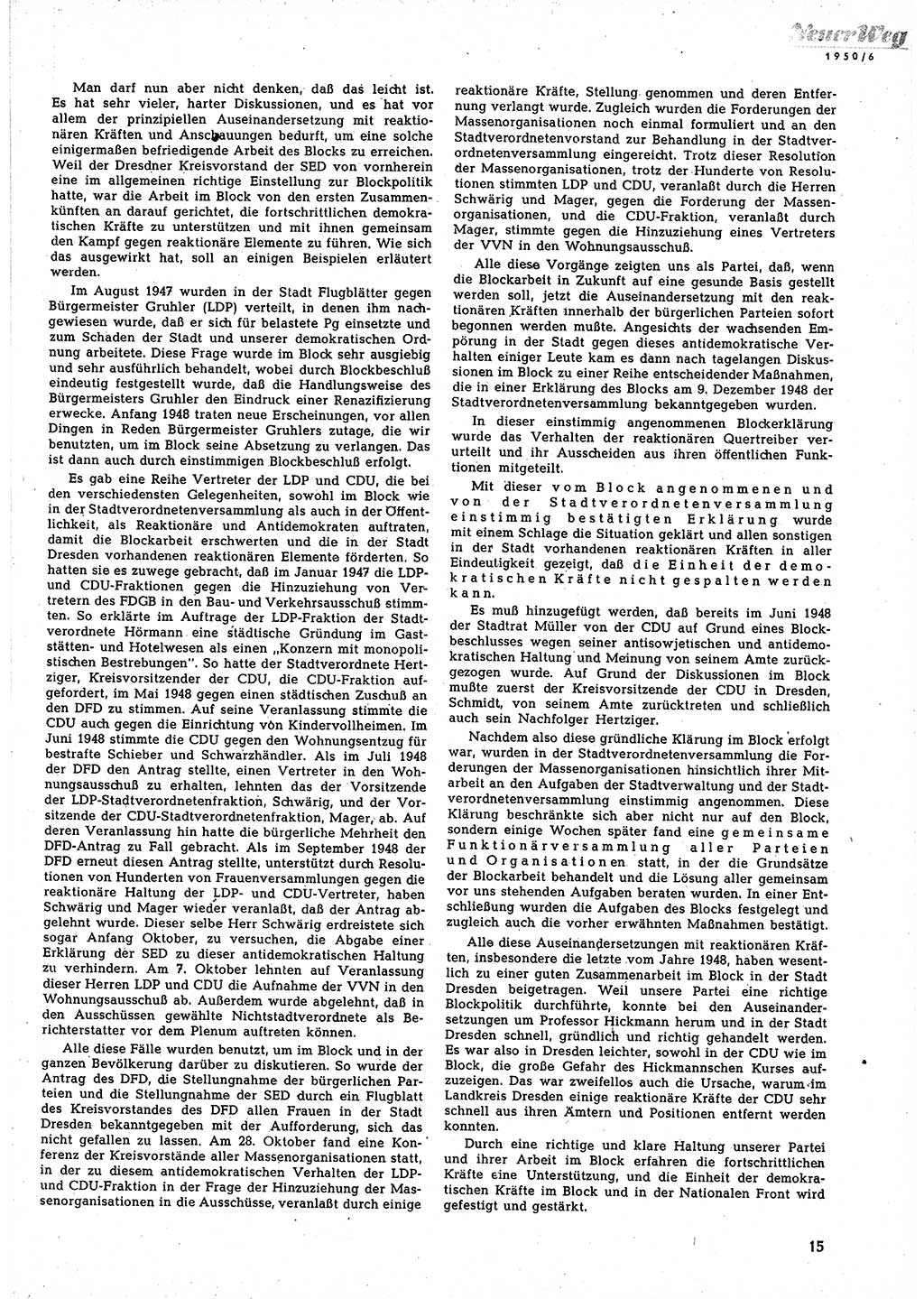 Neuer Weg (NW), Halbmonatsschrift für aktuelle Fragen der Arbeiterbewegung [Zentralkomitee (ZK) Sozialistische Einheitspartei Deutschlands (SED)], 5. Jahrgang [Deutsche Demokratische Republik (DDR)] 1950, Heft 6/15 (NW ZK SED DDR 1950, H. 6/15)