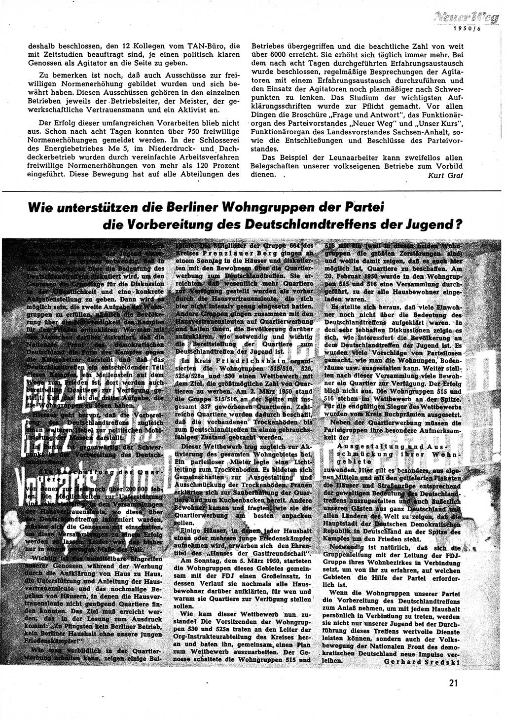 Neuer Weg (NW), Halbmonatsschrift für aktuelle Fragen der Arbeiterbewegung [Zentralkomitee (ZK) Sozialistische Einheitspartei Deutschlands (SED)], 5. Jahrgang [Deutsche Demokratische Republik (DDR)] 1950, Heft 6/21 (NW ZK SED DDR 1950, H. 6/21)