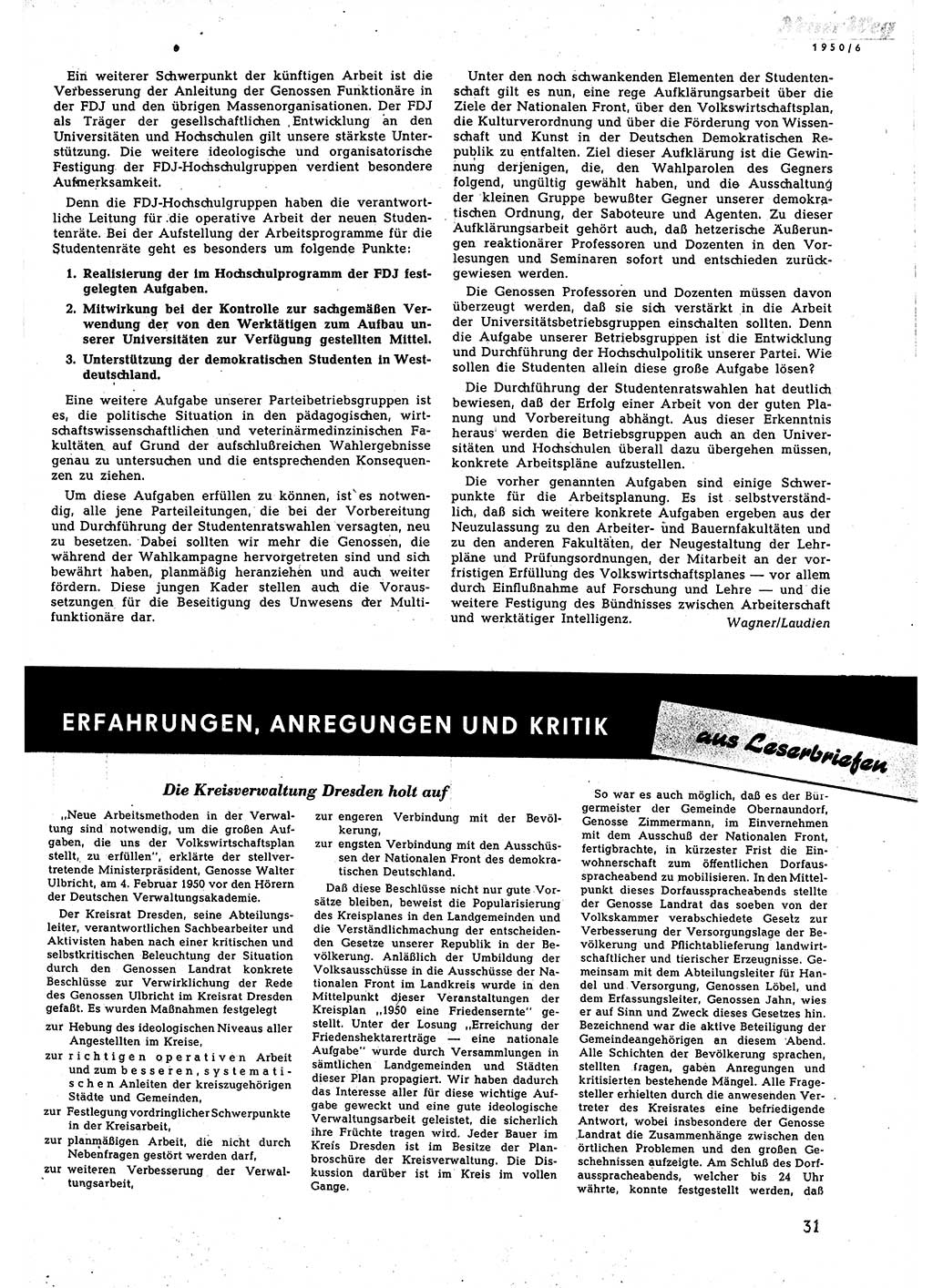 Neuer Weg (NW), Halbmonatsschrift für aktuelle Fragen der Arbeiterbewegung [Zentralkomitee (ZK) Sozialistische Einheitspartei Deutschlands (SED)], 5. Jahrgang [Deutsche Demokratische Republik (DDR)] 1950, Heft 6/31 (NW ZK SED DDR 1950, H. 6/31)