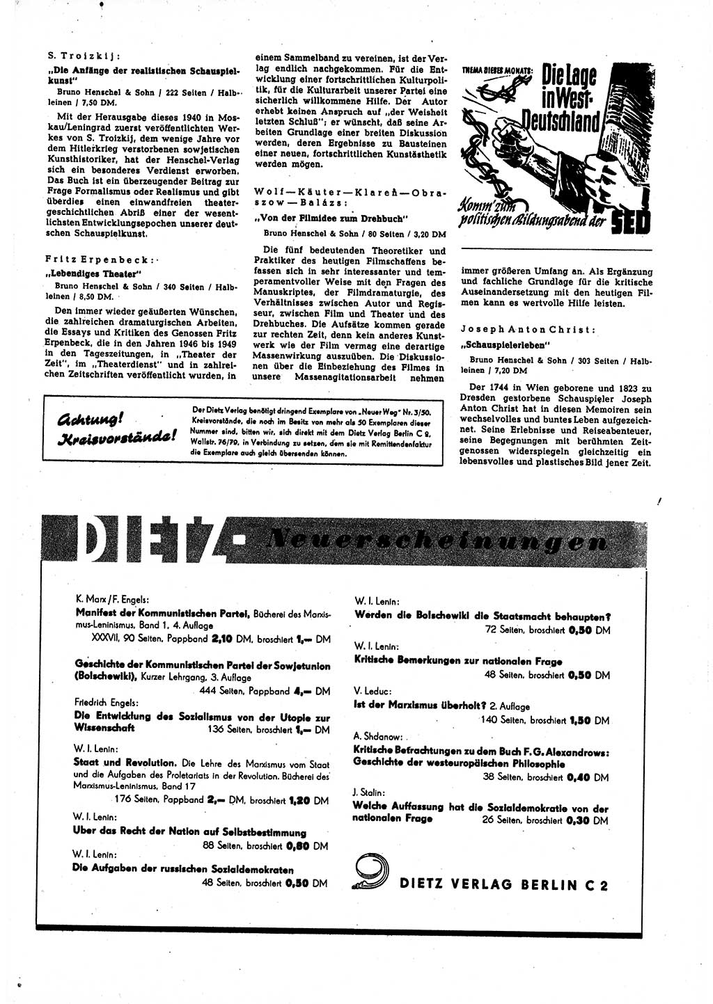 Neuer Weg (NW), Halbmonatsschrift für aktuelle Fragen der Arbeiterbewegung [Zentralkomitee (ZK) Sozialistische Einheitspartei Deutschlands (SED)], 5. Jahrgang [Deutsche Demokratische Republik (DDR)] 1950, Heft 6/33 (NW ZK SED DDR 1950, H. 6/33)