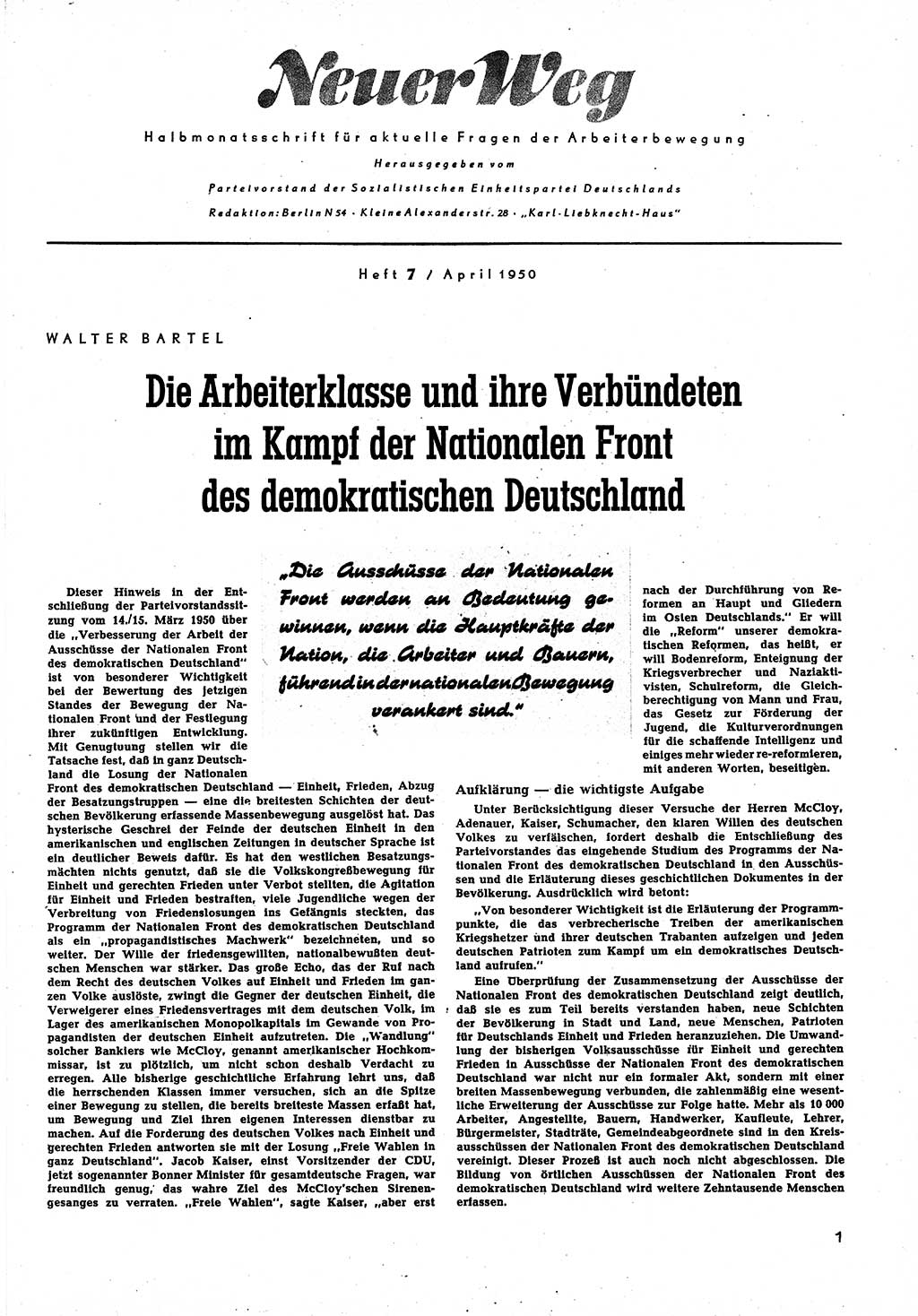 Neuer Weg (NW), Halbmonatsschrift für aktuelle Fragen der Arbeiterbewegung [Zentralkomitee (ZK) Sozialistische Einheitspartei Deutschlands (SED)], 5. Jahrgang [Deutsche Demokratische Republik (DDR)] 1950, Heft 7/1 (NW ZK SED DDR 1950, H. 7/1)