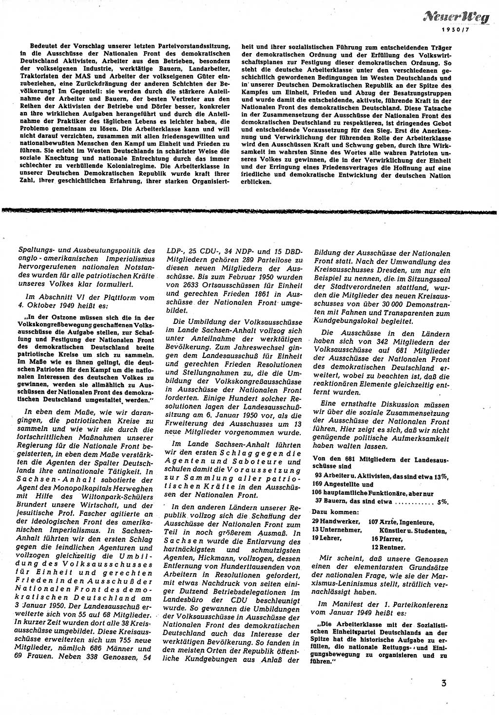 Neuer Weg (NW), Halbmonatsschrift für aktuelle Fragen der Arbeiterbewegung [Zentralkomitee (ZK) Sozialistische Einheitspartei Deutschlands (SED)], 5. Jahrgang [Deutsche Demokratische Republik (DDR)] 1950, Heft 7/3 (NW ZK SED DDR 1950, H. 7/3)