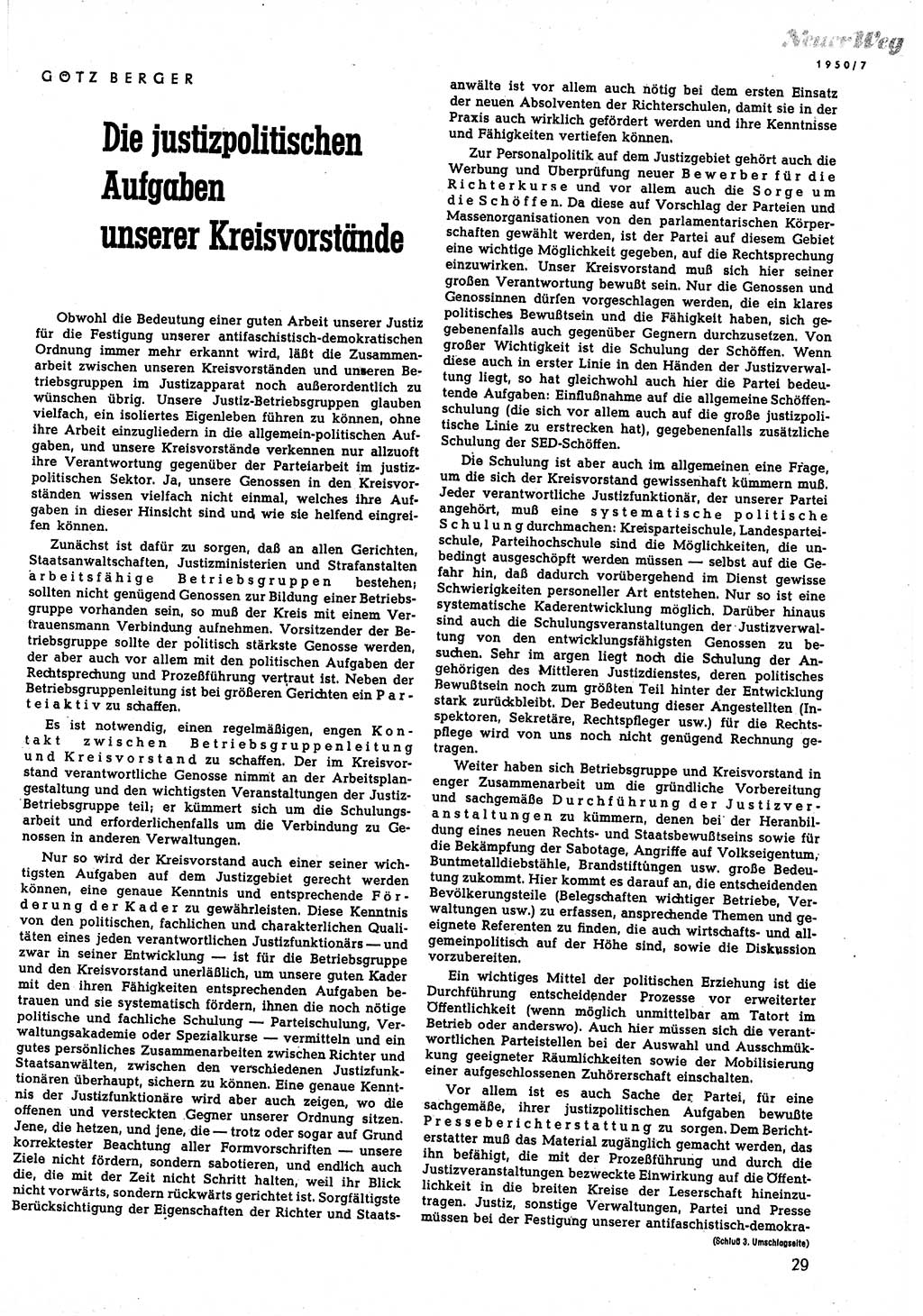 Neuer Weg (NW), Halbmonatsschrift für aktuelle Fragen der Arbeiterbewegung [Zentralkomitee (ZK) Sozialistische Einheitspartei Deutschlands (SED)], 5. Jahrgang [Deutsche Demokratische Republik (DDR)] 1950, Heft 7/29 (NW ZK SED DDR 1950, H. 7/29)